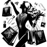 Black and white Illustration of a lucky luxurious Shopping Lady with Bags and Diamonds and Parfum vector