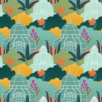 Seamless greenhouse pattern. The pattern is garden, bushes and flowers. vector