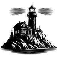 Black and White Illustration of a traditional old Lighthouse on the rocks vector