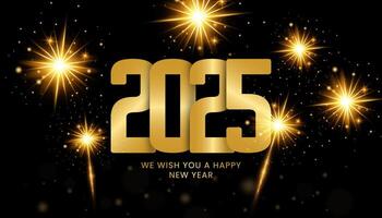 2025 contento nuevo año oro antecedentes. oro Fuegos artificiales brillante en ligero con destellos resumen celebracion vector