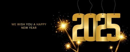 Happy New Year 2025. New year banner with fireworks and gold style text. vector