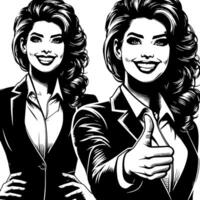 negro y blanco ilustración de un mujer en negocio traje es demostración el pulgares arriba firmar vector