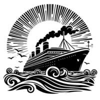 Black and White Illustration of a ocean liner at the sea vector