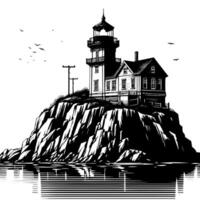 Black and White Illustration of a traditional old Lighthouse on the rocks vector