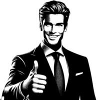 Black and White Illustration of a Man in Business Suit is showing the Thumbs up Sign vector