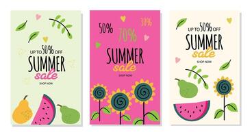 Illustration template. Summer sale with pear, watermelon, sunflower for banners, flyers, posters, brochure, discount coupon. vector