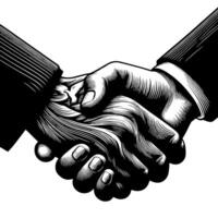 negro y blanco ilustración de un apretón de manos entre dos negocio hombres en trajes vector