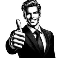 Black and White Illustration of a Man in Business Suit is showing the Thumbs up Sign vector