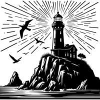 Black and White Illustration of a traditional old Lighthouse on the rocks vector