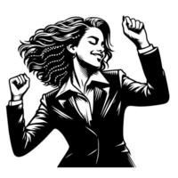 Black and White Illustration of a Woman in Business Suit is dancing and shaking in a Successful Pose vector