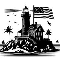 Black and White Illustration of a traditional old Lighthouse on the rocks vector