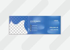 Modern email signature design template with blue esthetic background. Clickable signature design with unique shapes combinations. vector