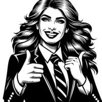 Black and White Illustration of a Woman in Business Suit is showing the Thumbs up Sign vector