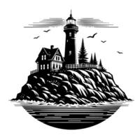 Black and White Illustration of a traditional old Lighthouse on the rocks vector