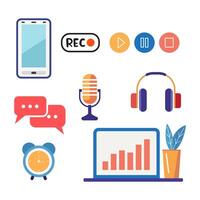 Set of podcast,Headphones, microphone, laptop, speech bubbles. Podcast recording and listening, broadcasting. Isolated elements vector