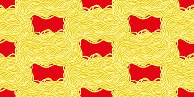 Yellow ramen noodles, spaghetti on a red background. Seamless pattern with pasta. Wavy texture with noodles. vector
