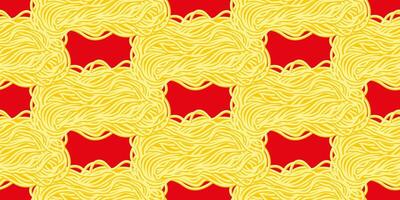 Yellow ramen noodles, spaghetti on a red background. Seamless pattern with pasta. Wavy texture with noodles. vector