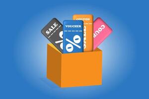 coupons 3d or vouchers in gift box. promotion sale. illustration vector