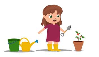 un linda pequeño niña toma cuidado de Tomates. agricultor, jardinero. linda chica, tomate en un maceta, riego poder, balde, espátula. vector