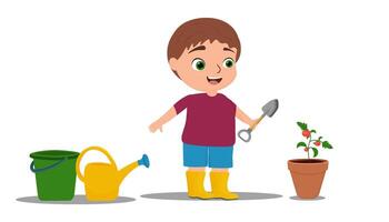un chico crece Tomates. agricultor, jardinero. vector