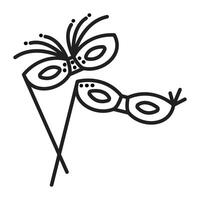 Two eye masquerade masks with sticks, black line icon vector