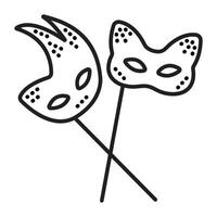 Two elegant eye masquerade masks with sticks, black line icon vector