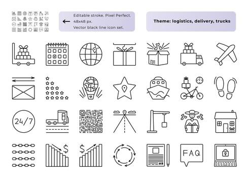 logística y carga. negro línea icono colocar, 28 señales 48x48 px editable ataque, píxel Perfecto y 300x300 px no editable ataque, píxel Perfecto vector