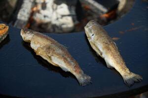 salmon steak is being cooked on the grill with an open fire photo