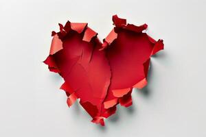 Heart shaped red hole torn through paper, isolated on white background photo