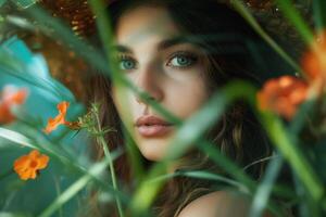 Young Woman Standing in Field of Flowers photo