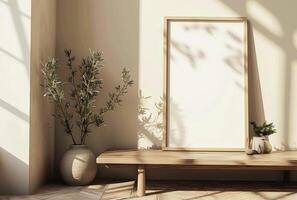 Wooden Picture Frame on Wooden Table With Dry Flowers in Vase During Afternoon photo