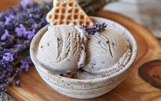 Lavender-Infused Vanilla Ice Cream in a Rustic Bowl With Fresh Sprigs photo