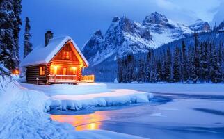 Snow-Covered Cabin By a Frozen Lake in a Mountainous Winter Landscape at Dusk photo