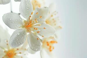 de cerca de blanco y amarillo flores con verde hojas en brillante luz foto