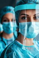 Close-Up of a Female Medical Professional in Protective Gear During a Busy Shift photo