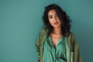 Confident Young Woman Posing in Casually Stylish Outfit Against a Teal Background photo