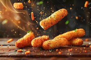 Crispy Mozzarella Cheese Sticks Falling Onto A Wooden Surface With Seasoning photo