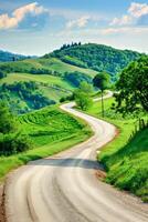 Serene Countryside Road Winding Through Lush Green Fields on a Sunny Day photo