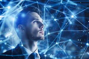 Contemplative Businessman Surrounded by Cosmic Constellations Signifying Innovation and Strategy photo