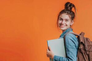 Young Female Student With Backpack Smiling Over Orange Background photo