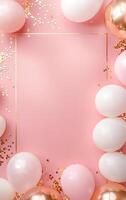 Festive Assortment of Pink and White Balloons With Golden Confetti on a Bright Pink Background photo