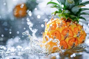 Fresh Pineapple Splashed With Water on a Reflective Surface photo