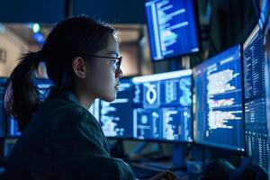 Female Software Engineer Working Intensely on Multiple Computer Screens at Night photo