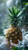 Fresh Pineapple Splashed With Water on a Reflective Surface photo