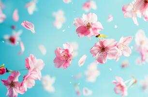 Assorted Spring Blossoms Artistically Scattered on a Soft Blue Background photo