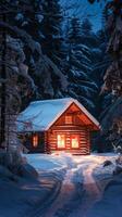 Snow-Covered Cabin Illuminated at Dusk in a Serene Winter Forest photo