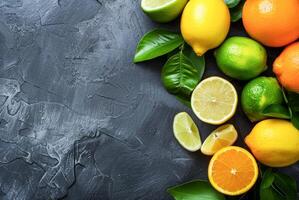 Assorted Citrus Fruits Arranged on a Dark Slate Background photo