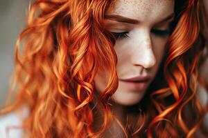 de cerca retrato de un joven mujer con vibrante rojo pelo y suave luz de sol foto