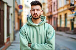 joven hombre vestido en un casual verde capucha en pie en un urbano calle foto