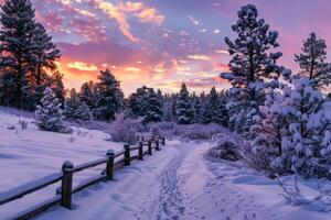 invierno mundo maravilloso a crepúsculo con Fresco nieve cubierta un bosque camino foto